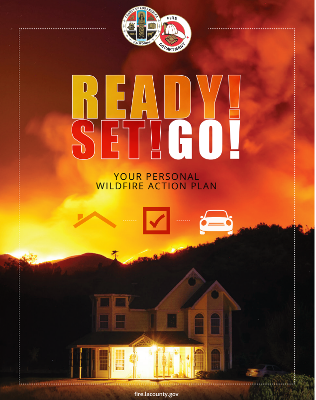 Cover of the Ready Set Go brochure from LA County Fire. Fire.lacounty.gov link included